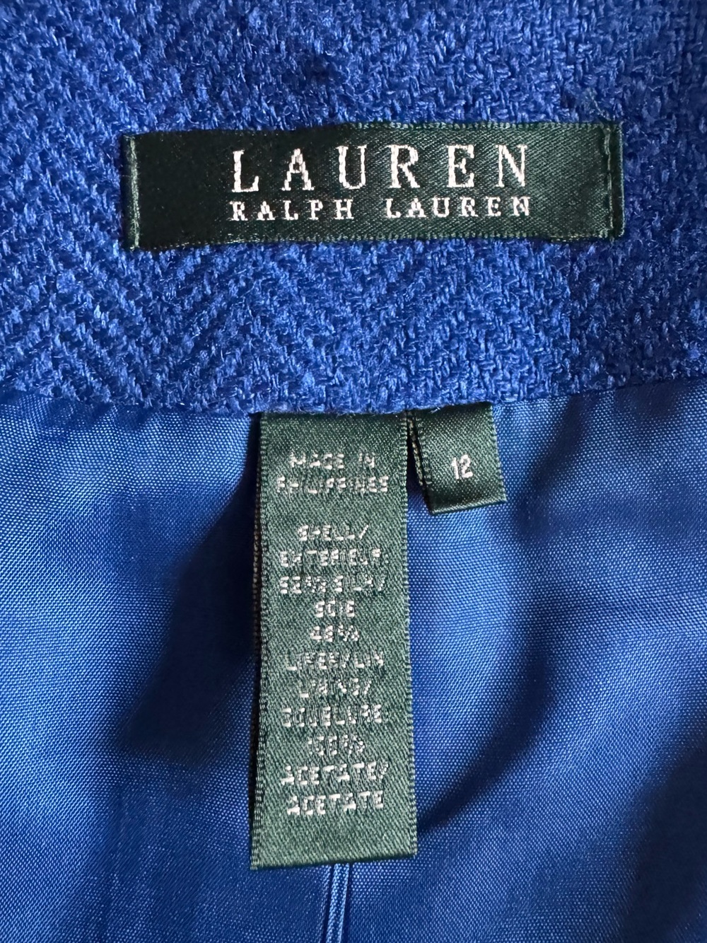 Lauren Ralph Lauren Herringbone Wool Blend Button Jacket Cobalt Blue Size 12 - Picture 2 of 5